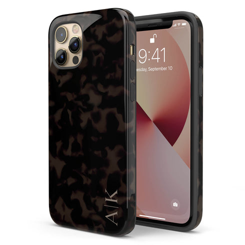 Dark Tortoiseshell Custom Initials iPhone Case - Vertical